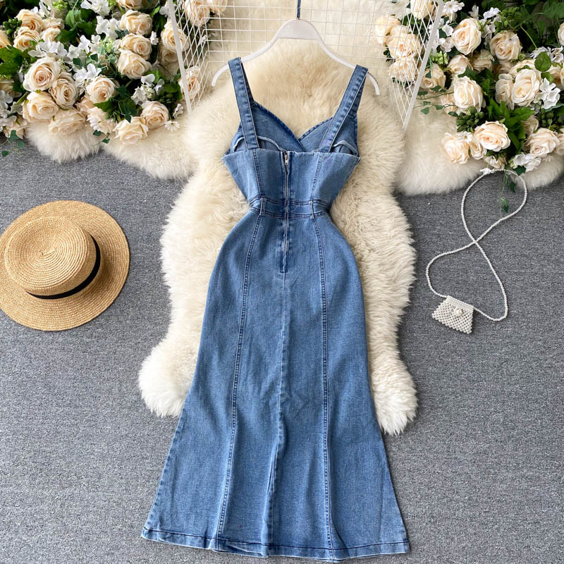 Cute Spaghetti Straps Denim Dress Women Dress P144