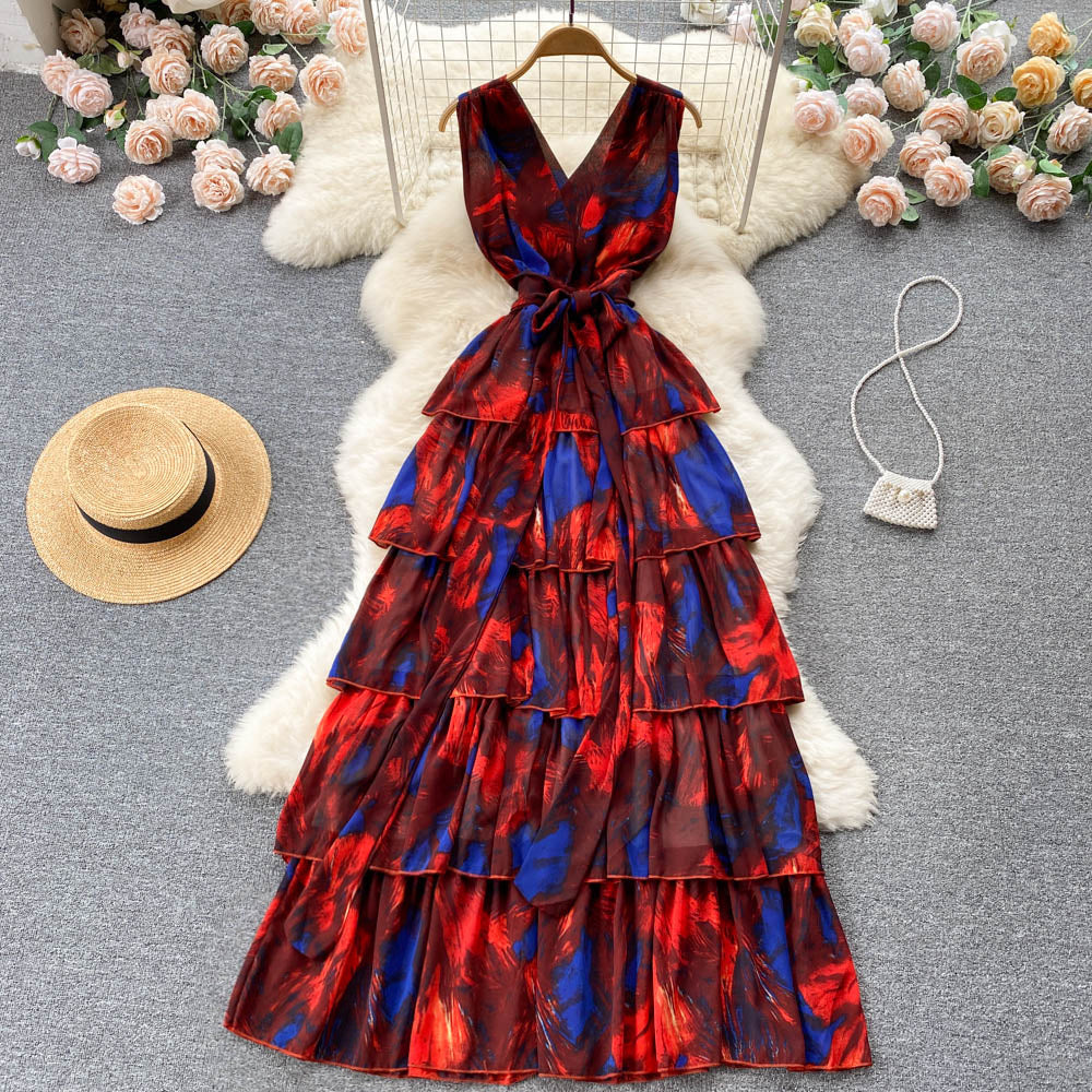 Sweet V neckline Summer Floral Dress Women Holiday Dress P174