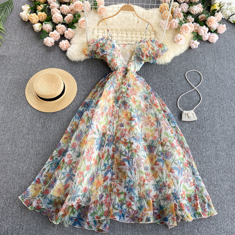 Cute Spaghetti Straps Backless Short Floral Dress Women Dress P138