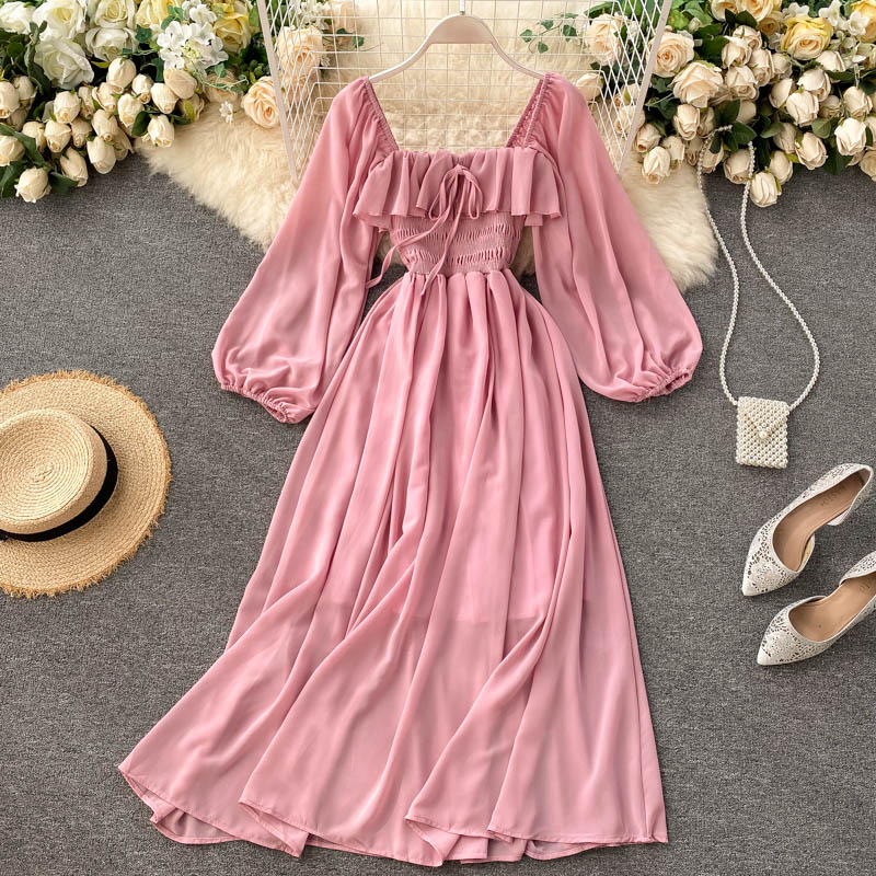 A line square neckline long sleeves chiffon dress women's dress P097