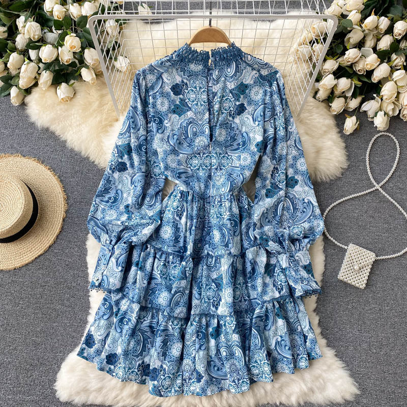 Vintage A line long sleeves floral dress women's dress P102