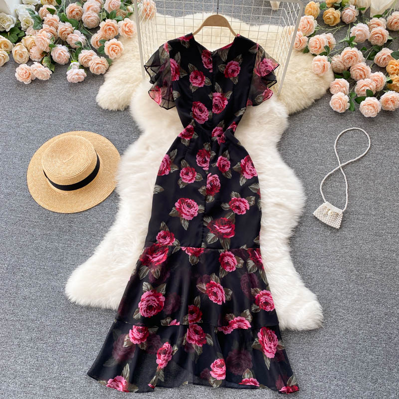 sexy mermaid v neckline floral dress women's dress P098