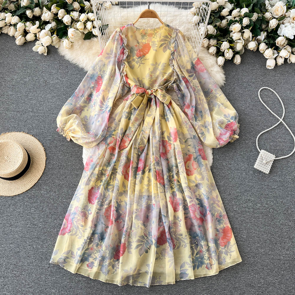 Cute A line long sleeves floral dress women's dress P099