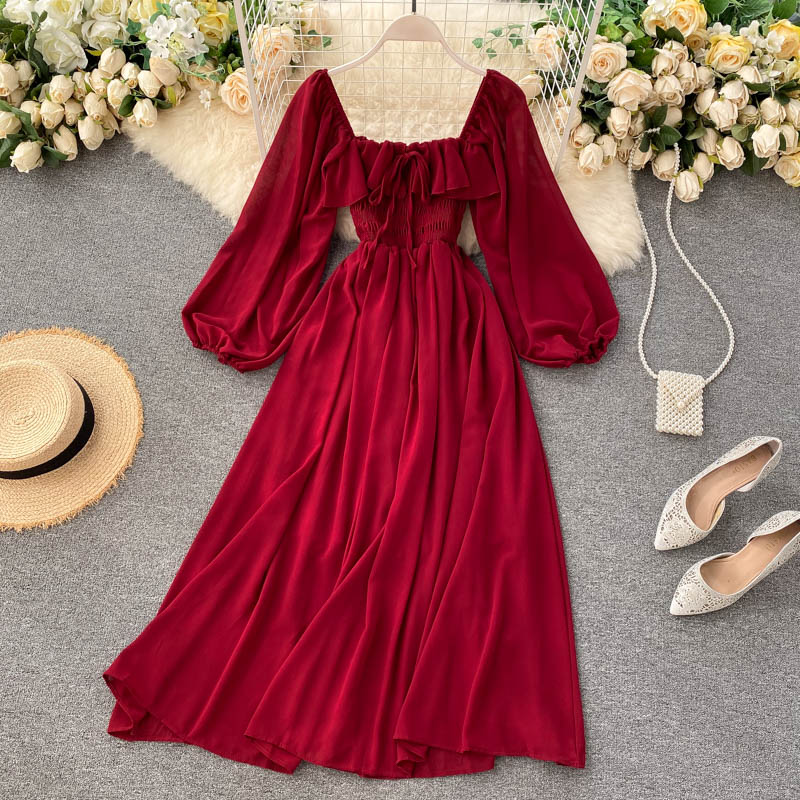 A line square neckline long sleeves chiffon dress women's dress P097