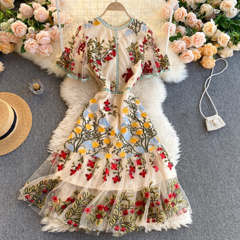 Vintage A line short sleeves floral dress women's dress P101