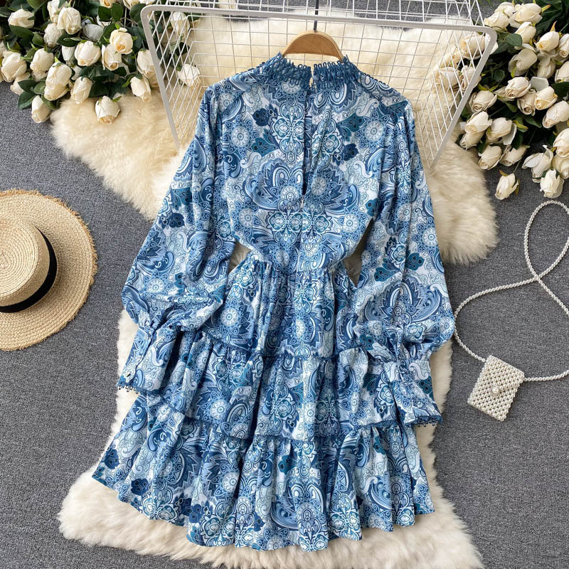 Vintage A line long sleeves floral dress women's dress P102