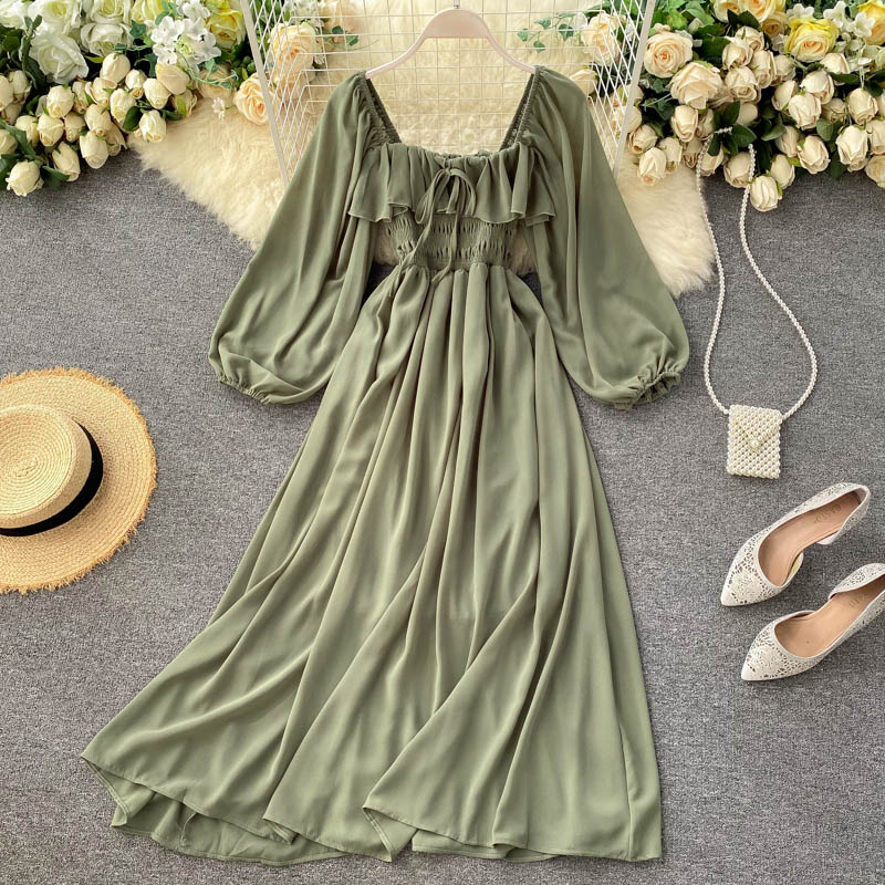 A line square neckline long sleeves chiffon dress women's dress P097