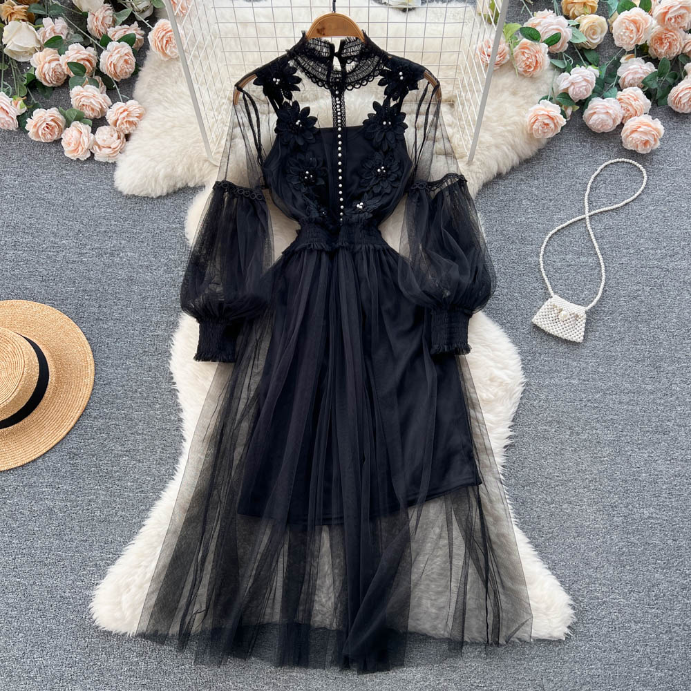 Vintage A line long sleeves lace dress women's dress P230