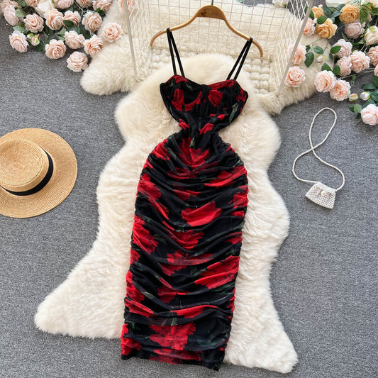 Sexy Spaghetti Straps Long Floral Red Dress Women Holiday Dress P236