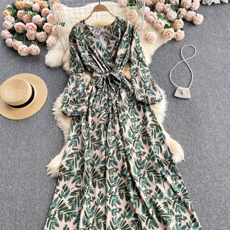 Vintage A line long sleeves floral dress women's dress P105