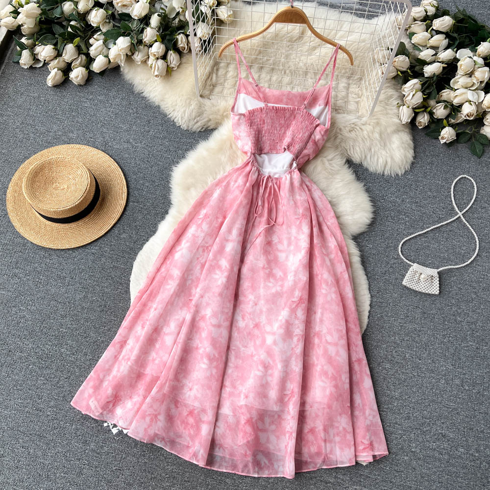 Cute A line Sleeveless Straps Backless Summer Pink Holiday Dress P240