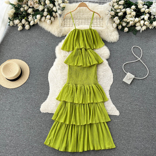 cute summer women's sweet chiffon suspender dress with ruffles P137