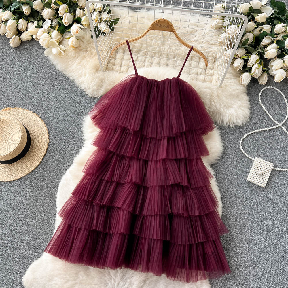 cute summer women's sweet spaghetti straps dress with ruffles P141