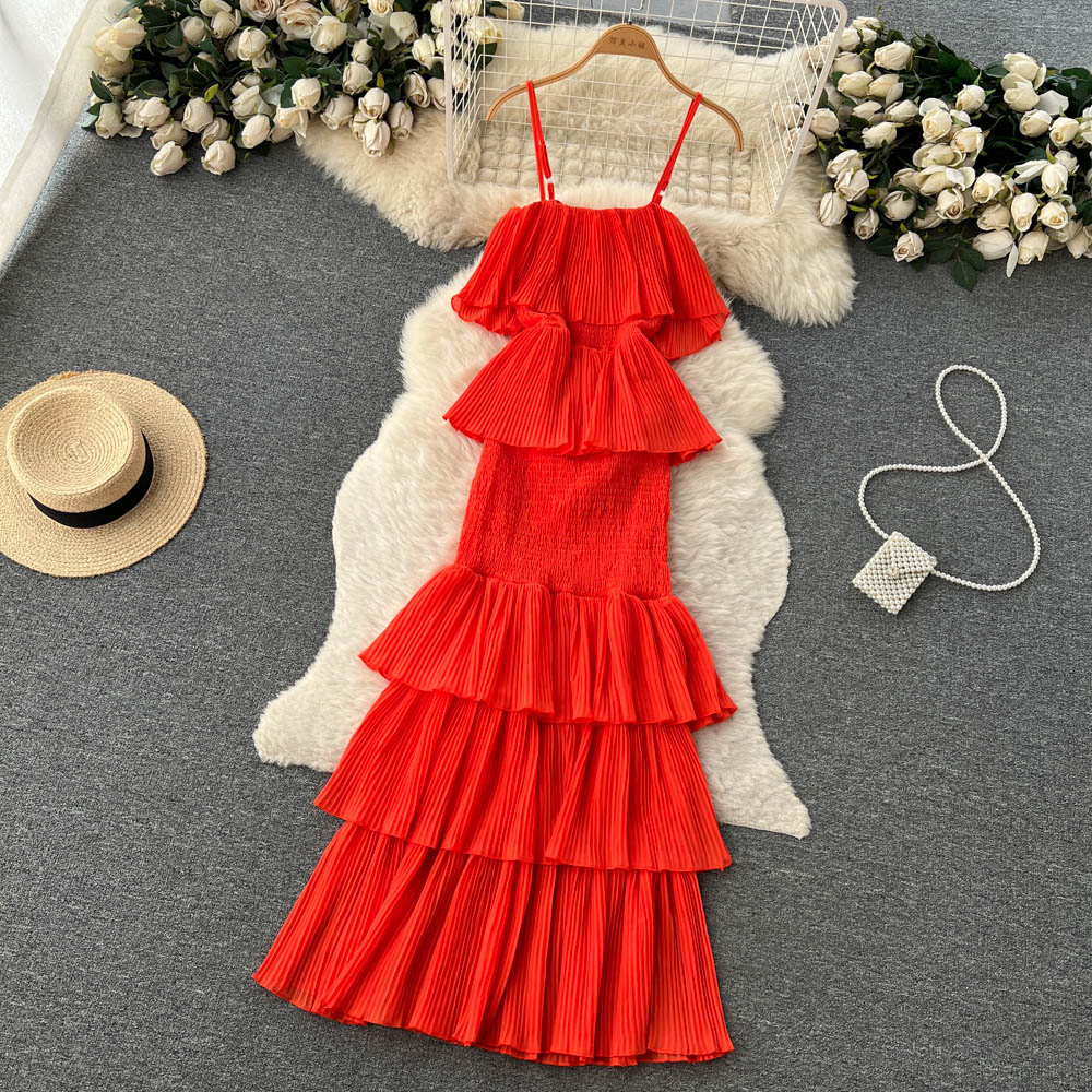 cute summer women's sweet chiffon suspender dress with ruffles P137