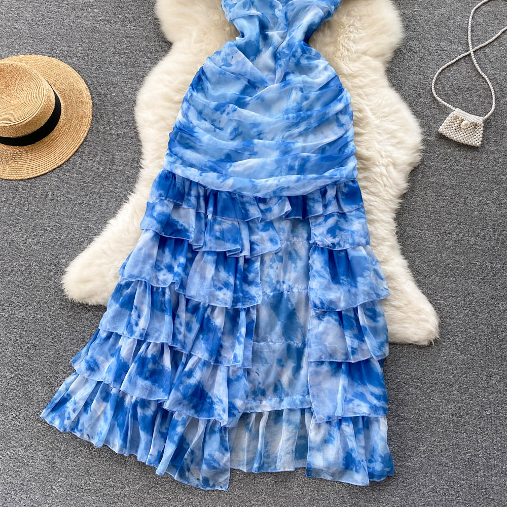 Cute Spaghetti Straps Long Blue Floral Dress Women Holiday Dress P234