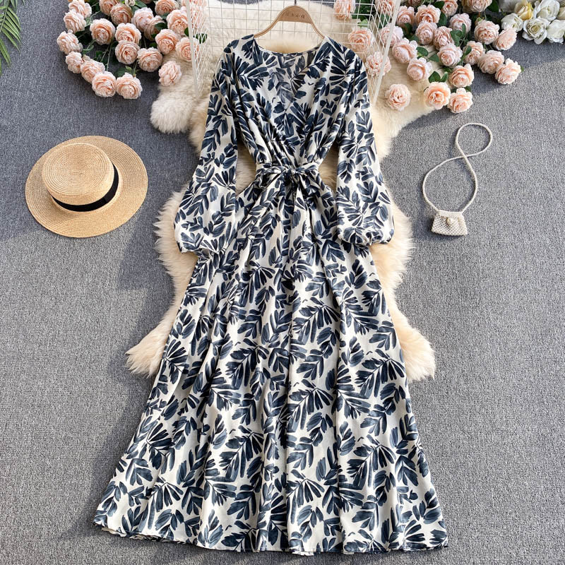 Vintage A line long sleeves floral dress women's dress P105