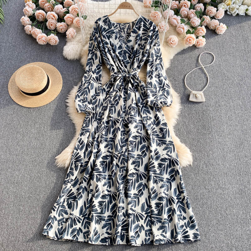 Vintage A line long sleeves floral dress women's dress P105