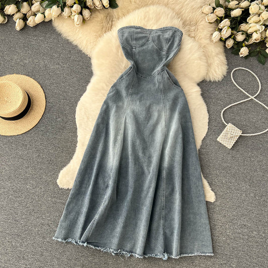 Hot Girl Retro denim skirt women's A-line long Dress P125