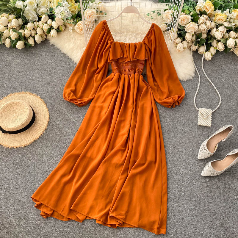 A line square neckline long sleeves chiffon dress women's dress P097