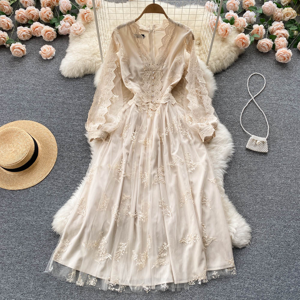 Cute long sleeves lace v neckline dress women's dress P106