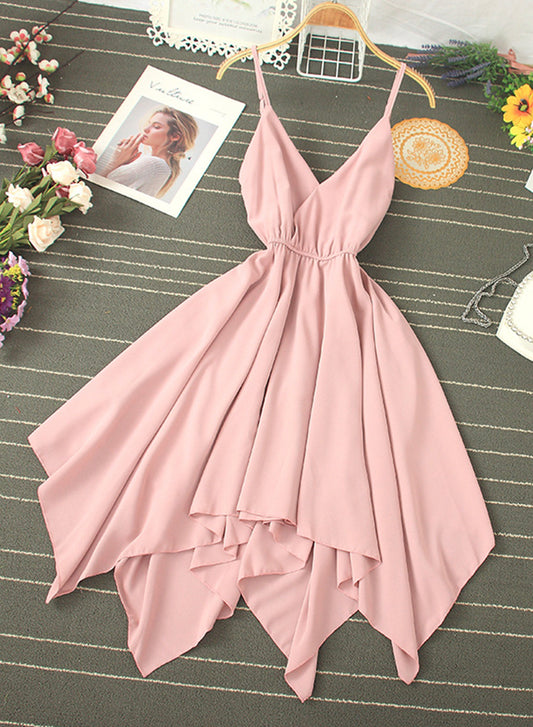 Women's dress A line v neck chiffon irregular dress 001