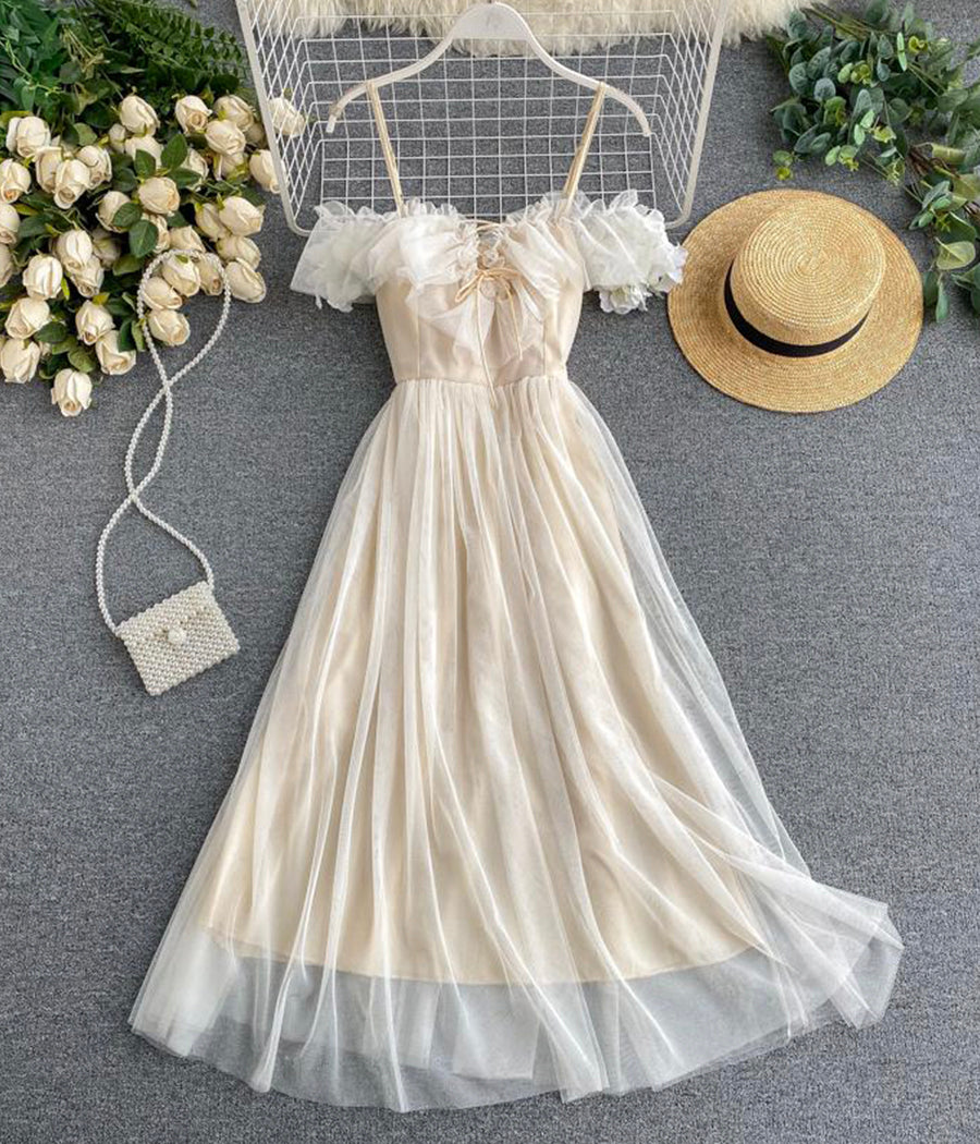 Cute champagne tulle dress summer dress 019