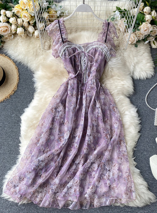 Purple print sleeveless short dress women's dress 032