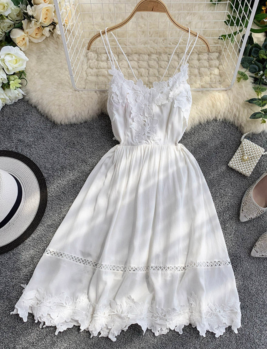 White lace applique backless dress girl dress 036