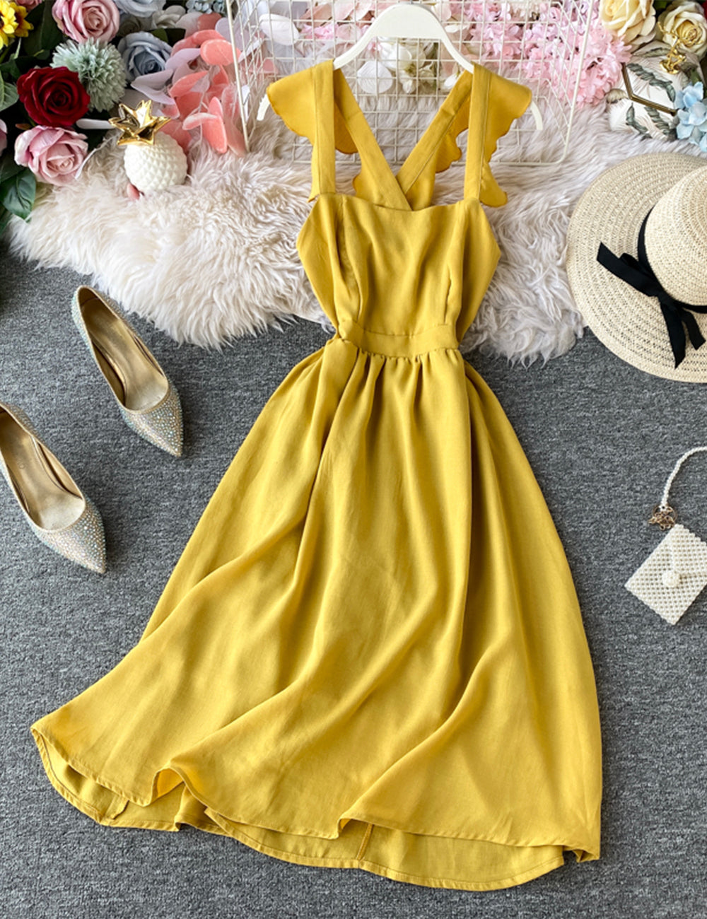 Fashion girl dress A line yellow summer dress 028