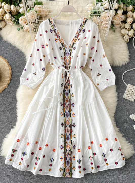 A line v neck embroidery long sleeve dress 030