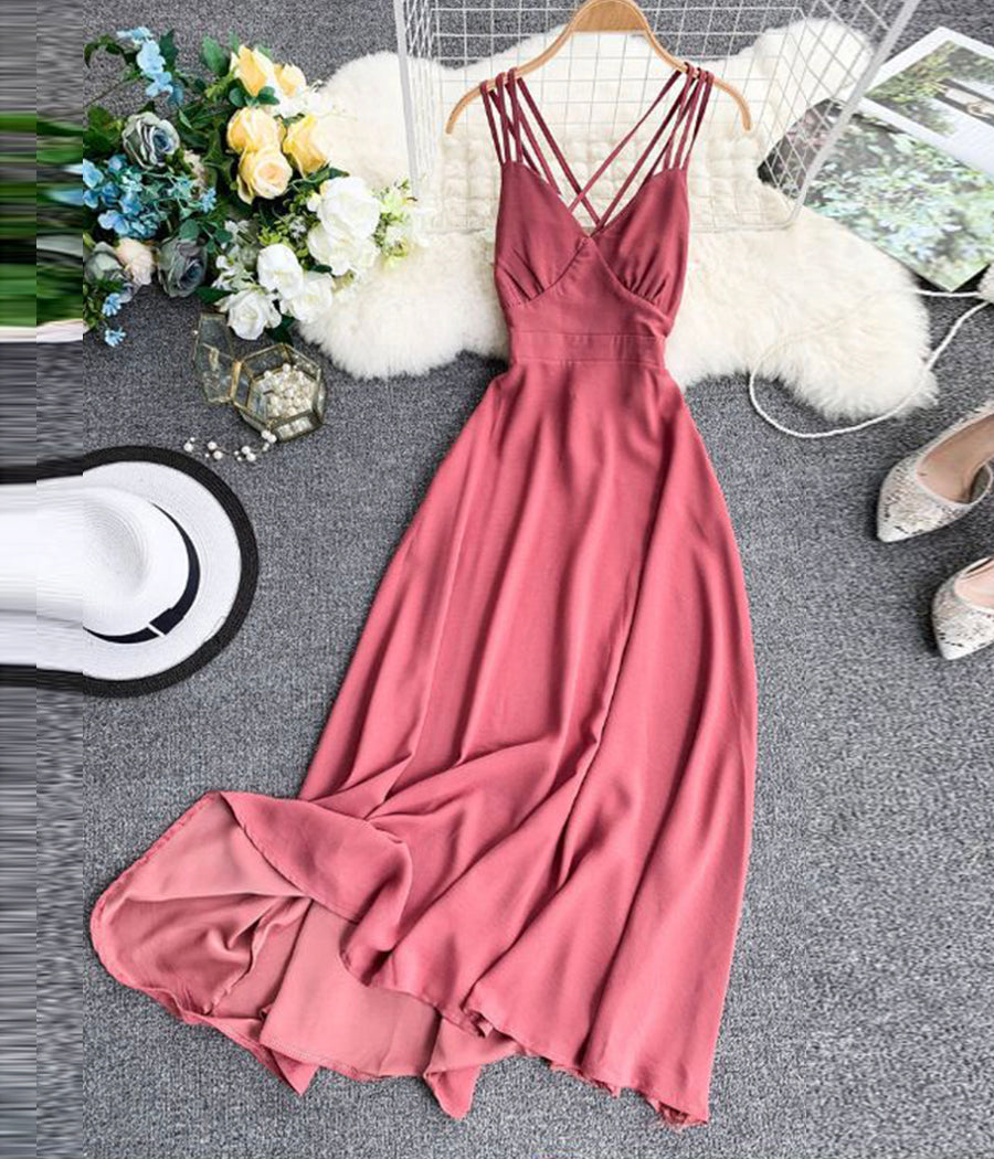 Women's dress A line v neck chiffon backless dress 024