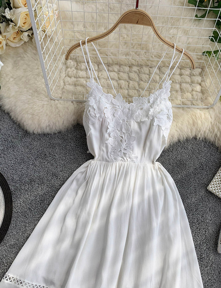 White lace applique backless dress girl dress 036