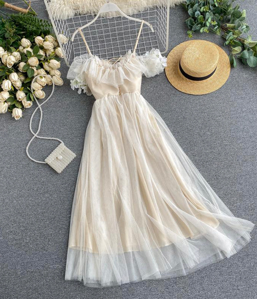 Cute champagne tulle dress summer dress 019