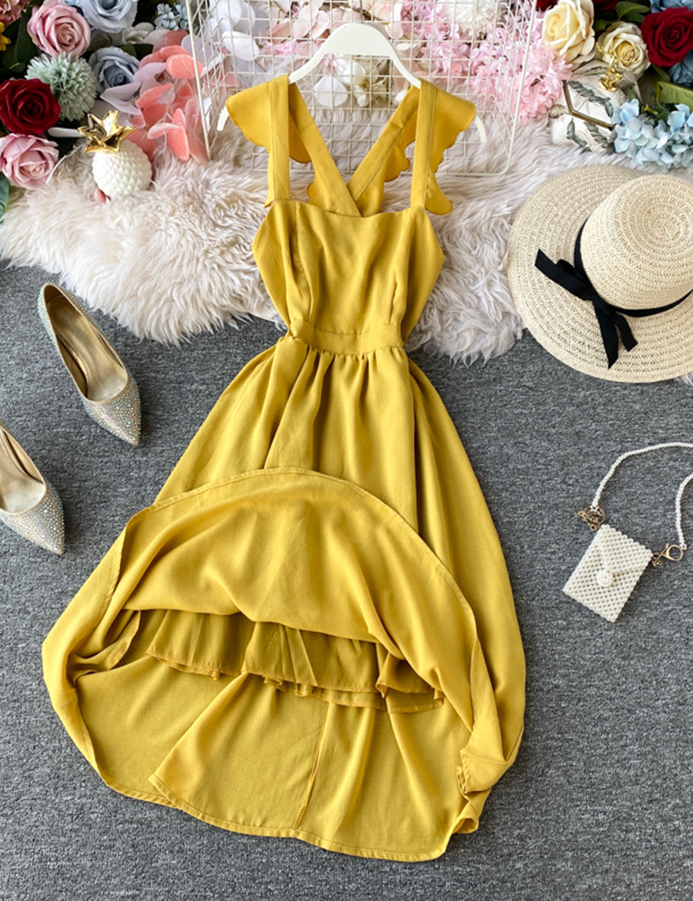 Fashion girl dress A line yellow summer dress 028