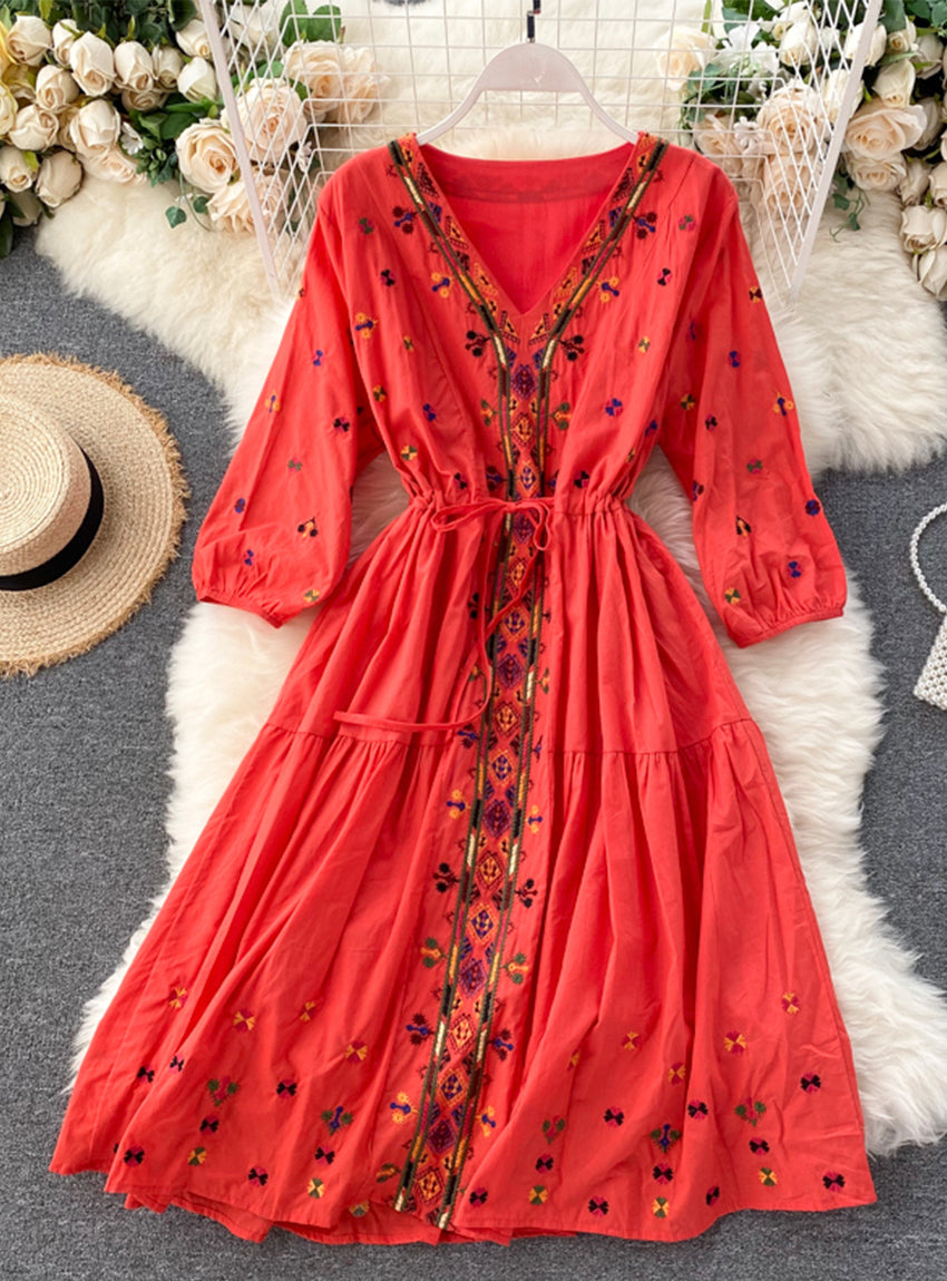 A line v neck embroidery long sleeve dress 030