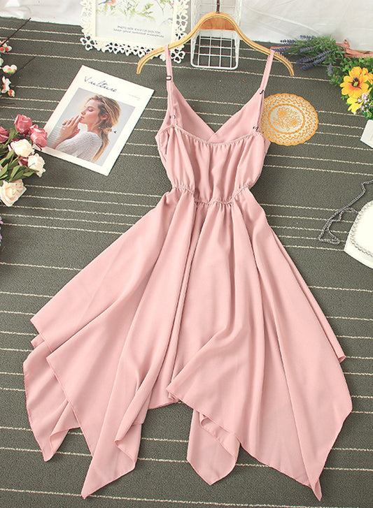 Women's dress A line v neck chiffon irregular dress 001