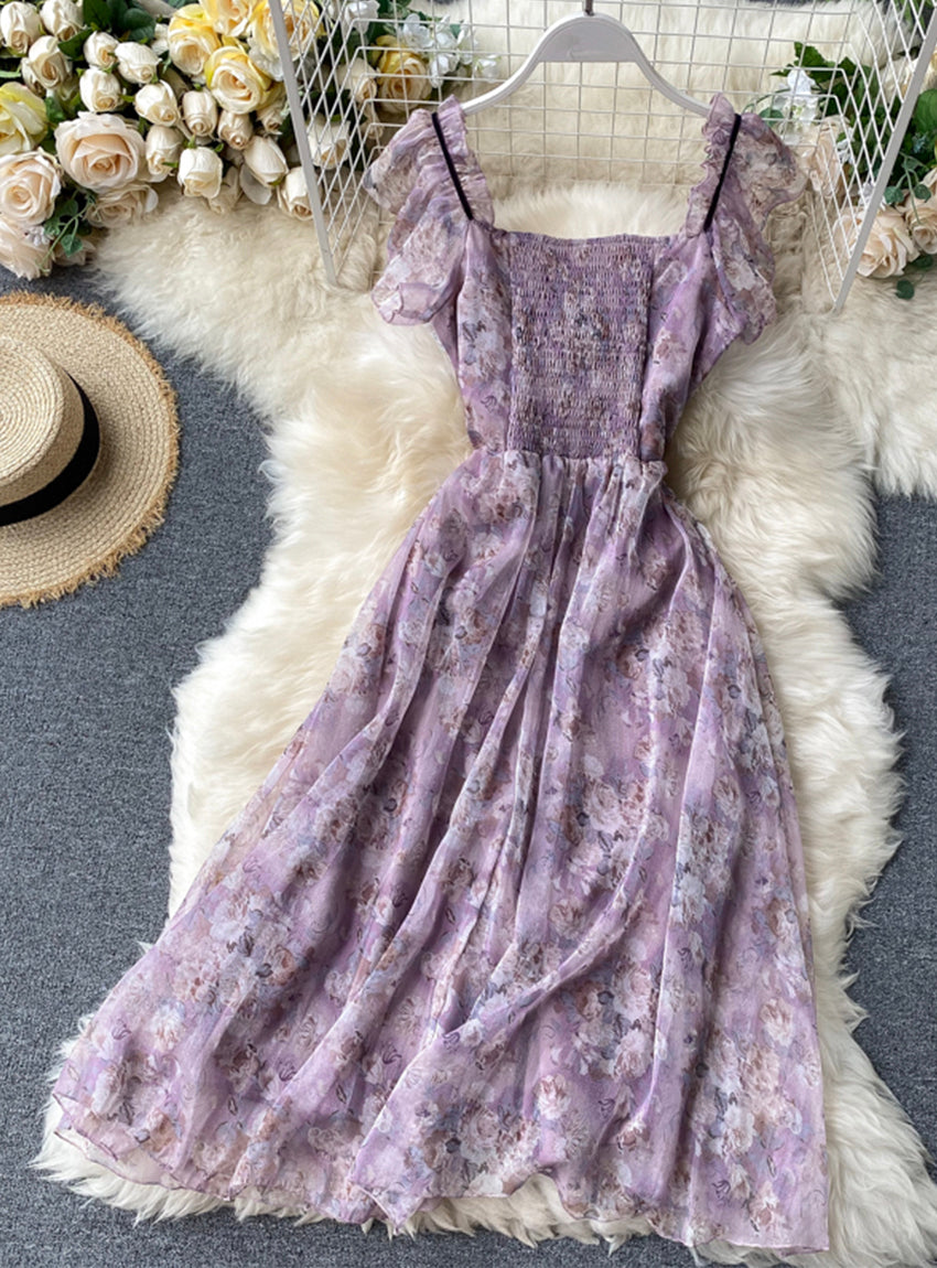 Purple print sleeveless short dress women's dress 032