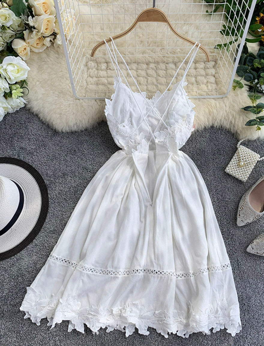 White lace applique backless dress girl dress 036