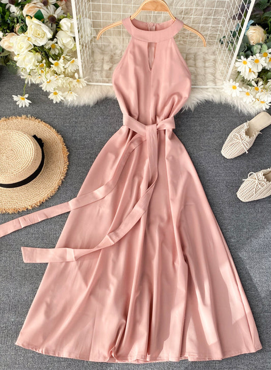 Pink A line chiffon halter dress summer dress 047