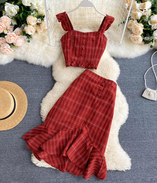 Stylish slim two-piece lattice set summer dress 071