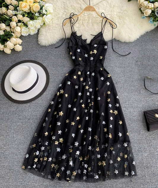 Black v neck tulle lace dress with stars sequins 043