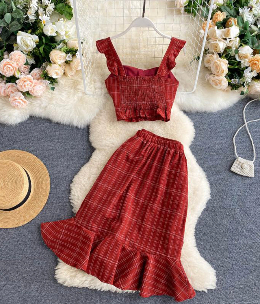 Stylish slim two-piece lattice set summer dress 071