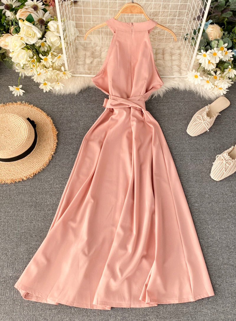 Pink A line chiffon halter dress summer dress 047