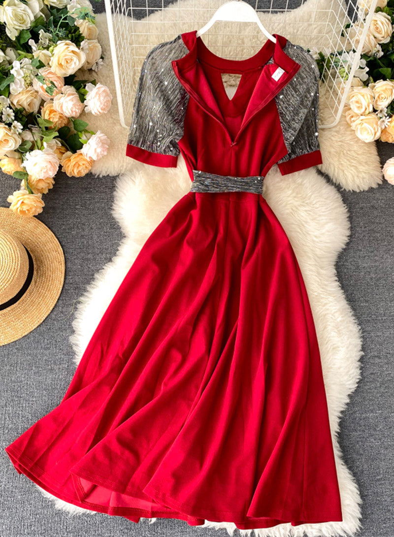 Unique A line round neck splicing short sleeve dress fashion dress 048