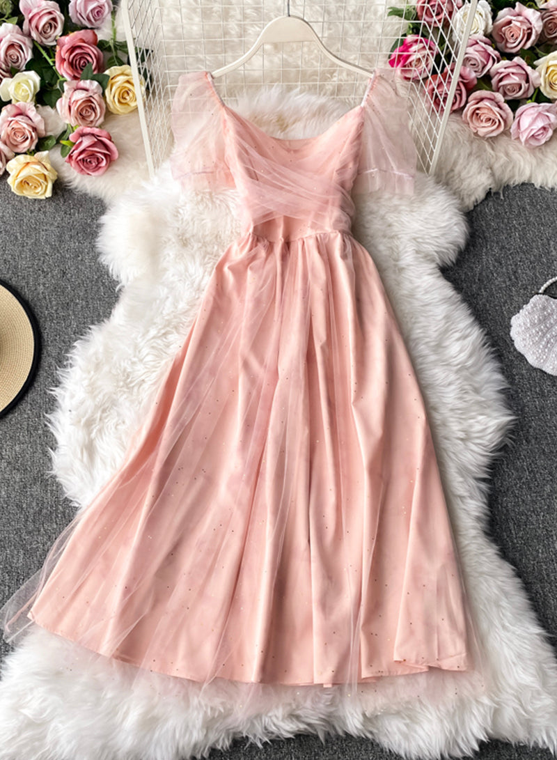 Pink tulle short dress summer dress 055