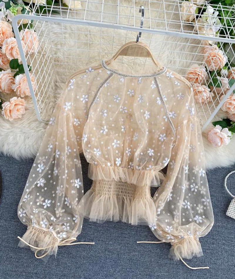 Sweet puff sleeve tulle women top 061