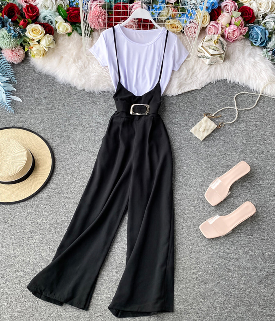 Stylish white t-shirt + strap wide-leg pants 070