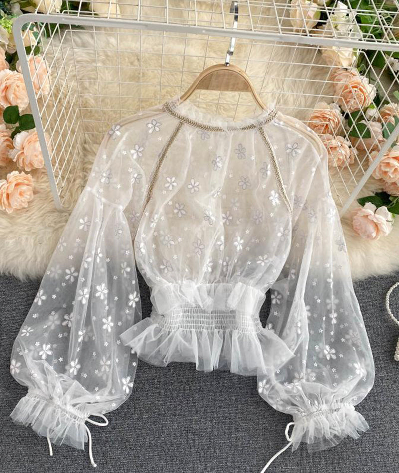 Sweet puff sleeve tulle women top 061