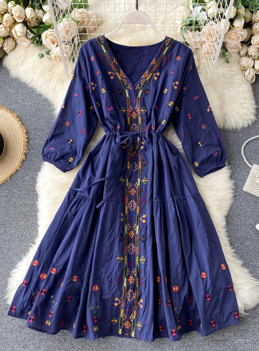 A line v neck embroidery long sleeve dress 030